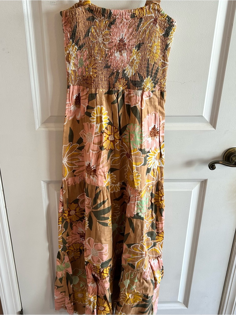 Roxy Floral Smocked Maxi Dress in Tan, Pink & Yellow